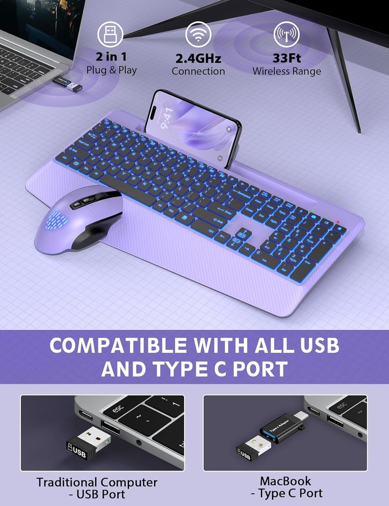 SABLUTE Wireless Keyboard and Mouse Backlits, Wrist Rest, LED Mouse, Rechargeable Ergonomic Keyboard with Phone Holder, Silent Light Up Combo for Computer, Mac, PC, Laptop, Chromebook (Purple) - Image 5